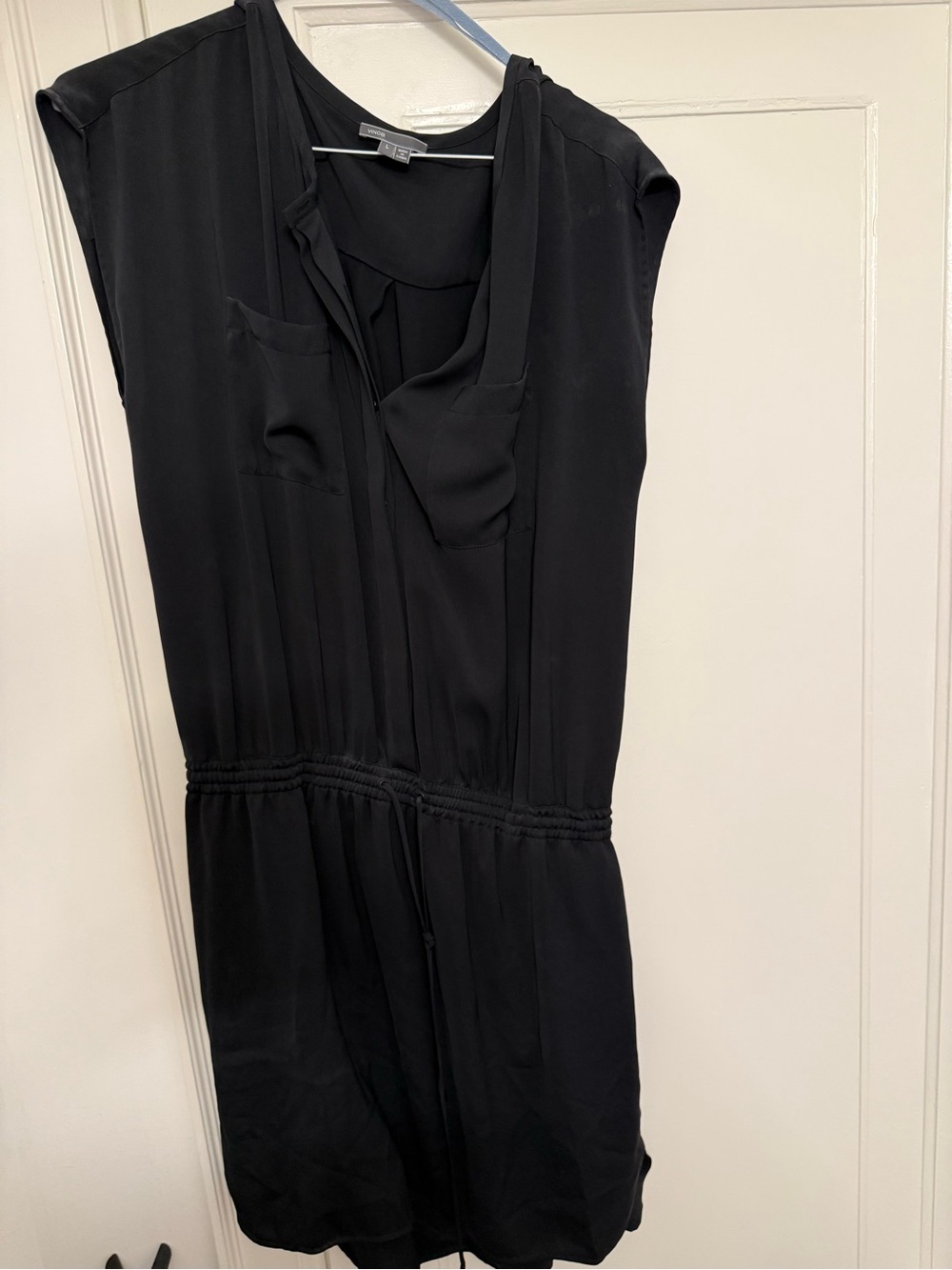 Vince Black Cap-Sleeve Drawstring Waist Dress